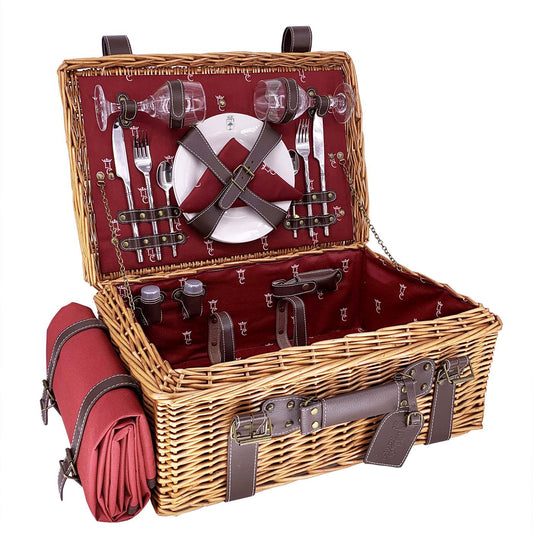 Picknickkorbe aus Weide und Leder "Champs-Elysées" bordeauxrot - 2 Personen