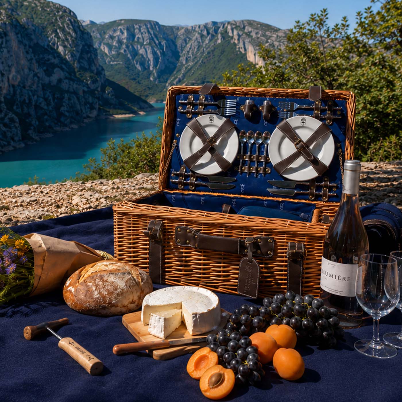 Picknickkorbe aus Weide und Leder "Champs-Elysées" blau - 4 Personen