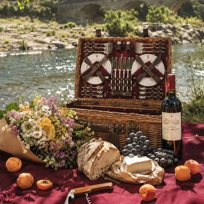Picknickkorbe aus Weide und Leder "Champs-Elysées" bordeauxrot - 6 Personen