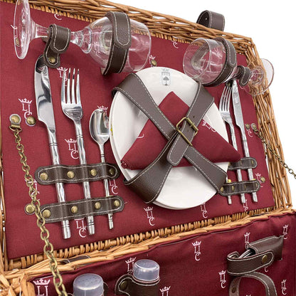 Picknickkorbe aus Weide und Leder "Champs-Elysées" bordeauxrot - 2 Personen