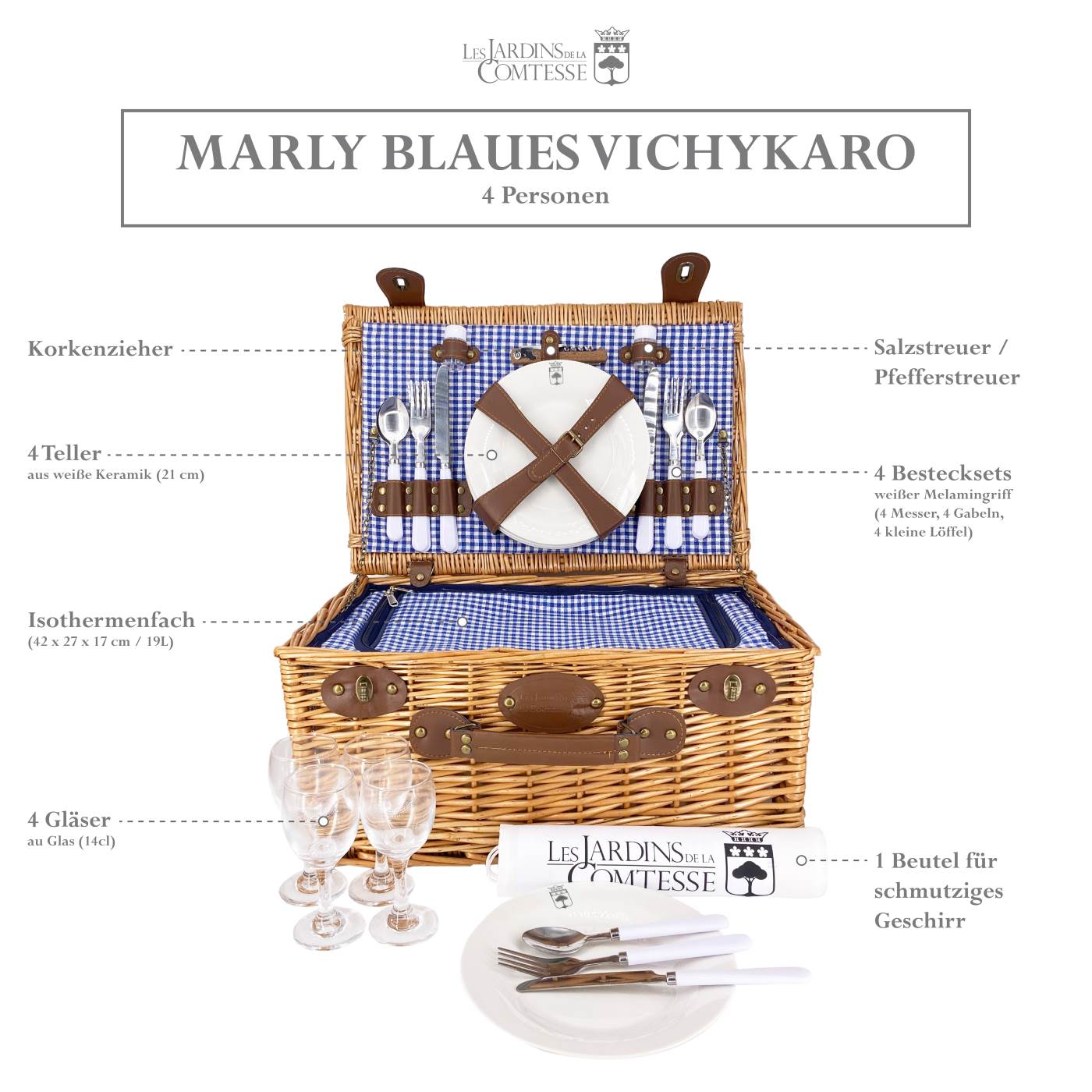 Picknickkorb Marly blaukariert - 4 Personen
