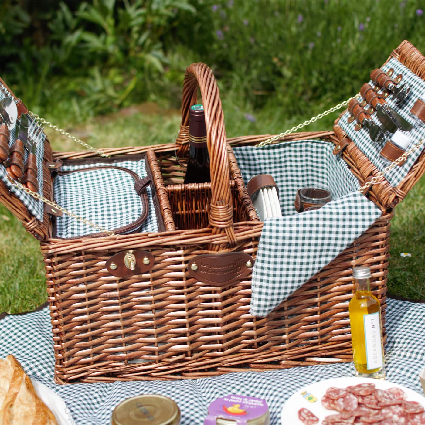 Picknickkorb „Saint-Germain grünkariert“ aus dunkler Weide - 4 Personen