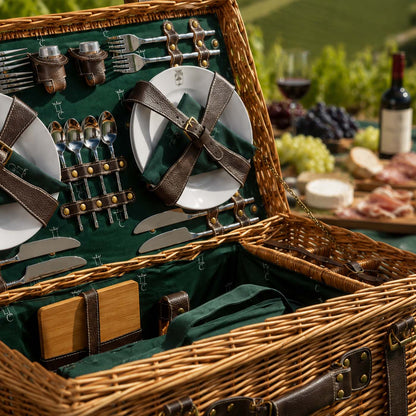 Picknickkorbe aus Weide und Leder "Champs-Elysées" grünem - 4 Personen