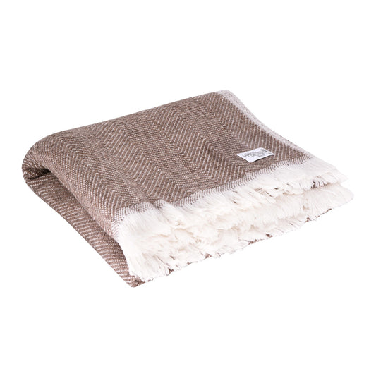 Plaid aus Woll in Eisbraun und Elfenbein - große Fischgrätenmuster - 130 x 200 cm