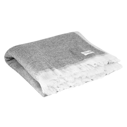 Plaid aus Wolle in Grau und Elfenbein - große Fischgrätenmuster - 130 x 200 cm