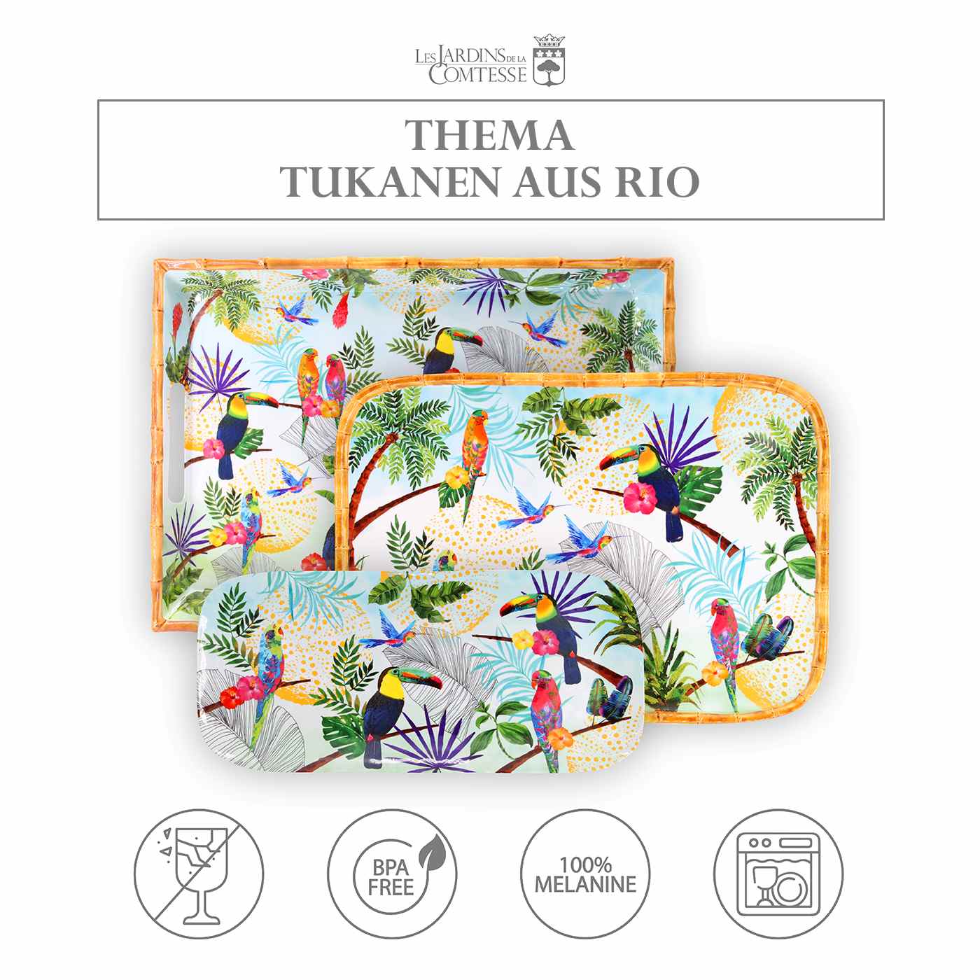 Rechteckiges Tablett mit abgerundeten Ecken - Melamin - 45 cm - Tukanen aus Rio