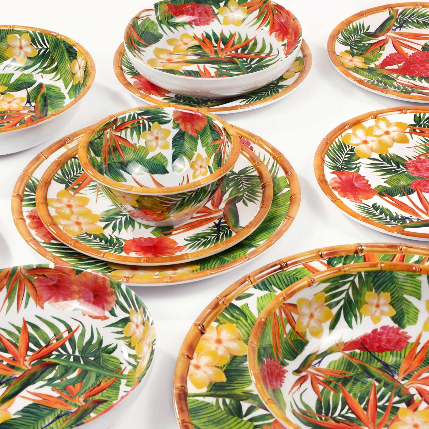 Tiefe, große Salatschüssel - reines Melamin - 25 cm- Exotische Blumen