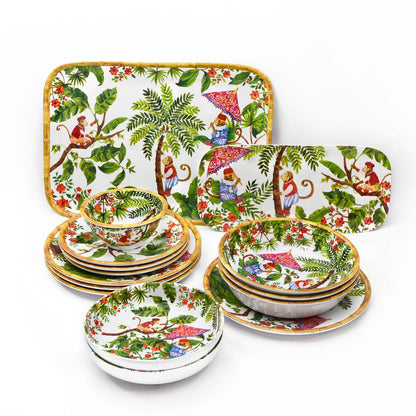 Runder Servierteller - mit Bambusrand - reines Melamin- 35,5 cm - Affen aus Bali