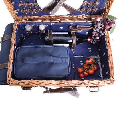Picknickkorb „Champs-Elysées“ aus Weidengeflecht und echtem Leder, dunkelblau – für 2 Personen